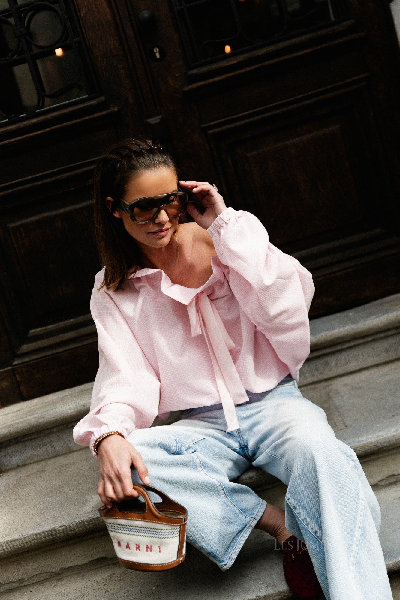 Isaline checked off shoulder blouse light pink