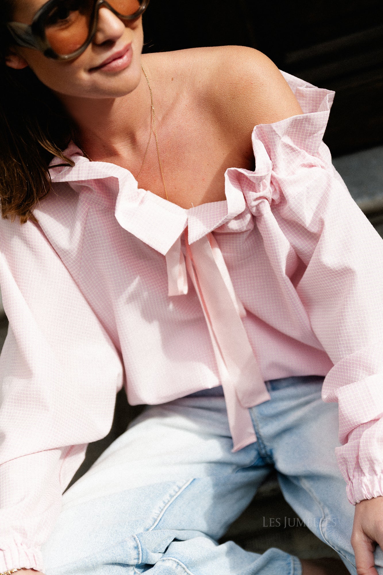 Isaline checked off shoulder blouse light pink