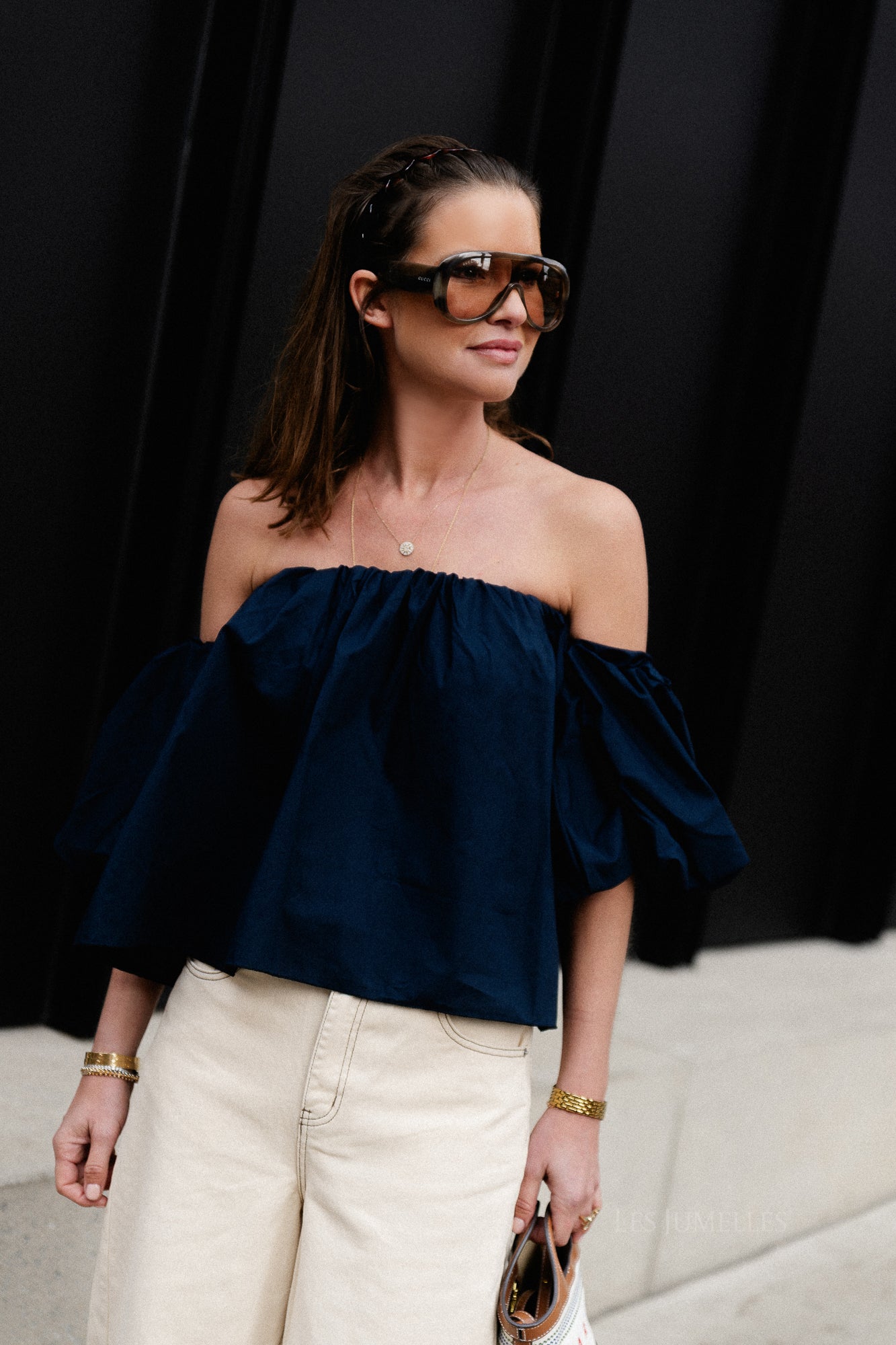 Fran off shoulder cropped blouse navy