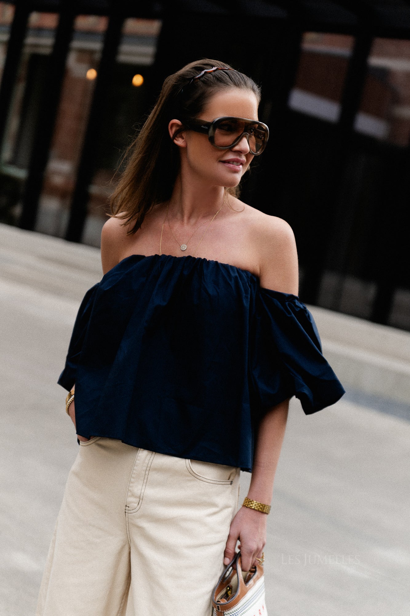 Fran off shoulder cropped blouse navy