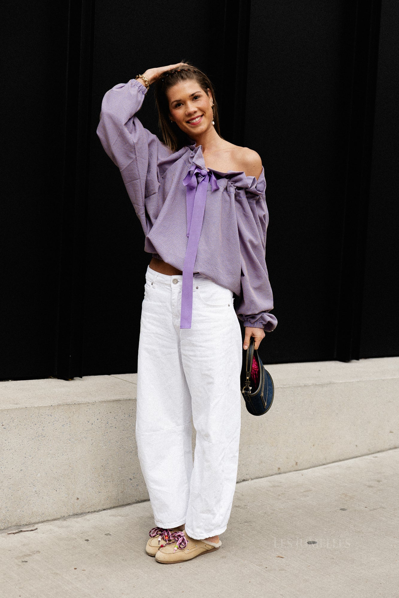 Isaline checked off shoulder blouse mauve