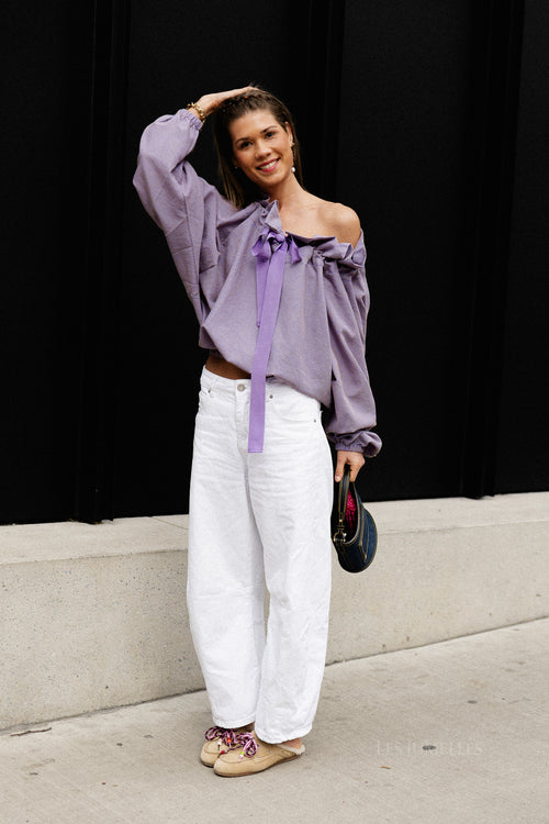 Isaline checked off shoulder blouse mauve