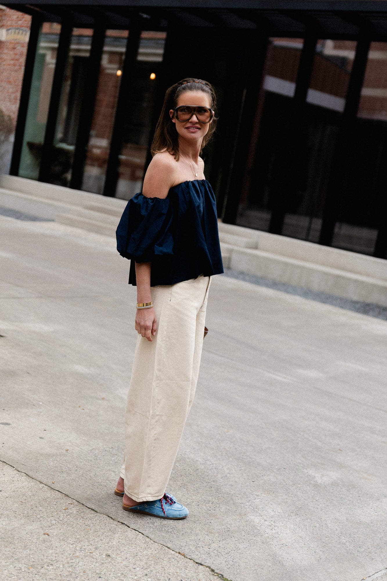 Fran off shoulder cropped blouse navy