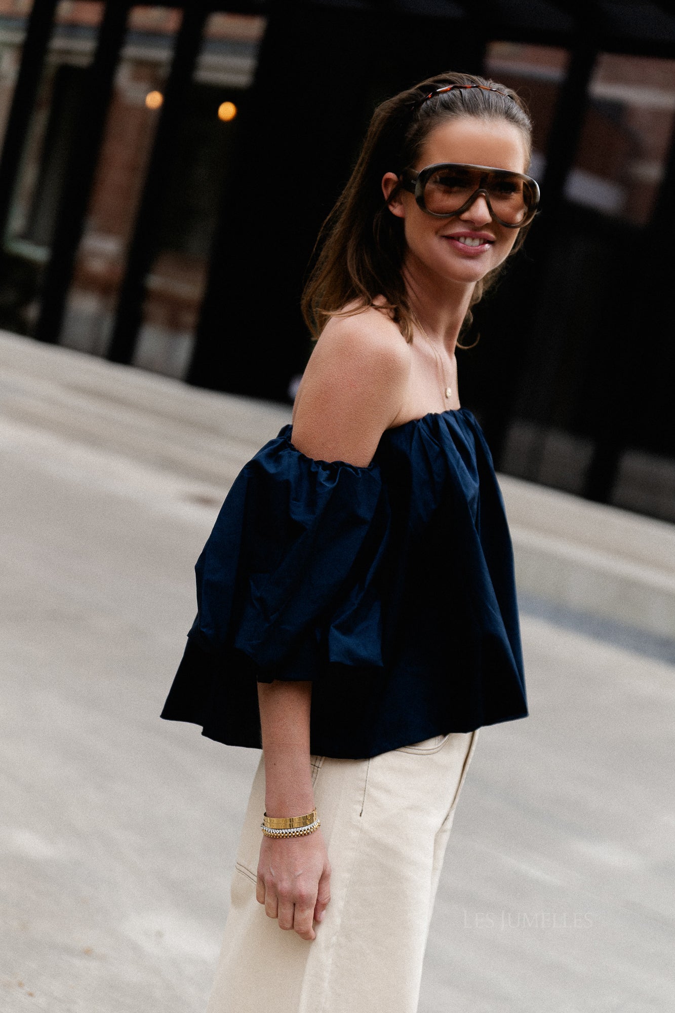 Fran off shoulder cropped blouse navy