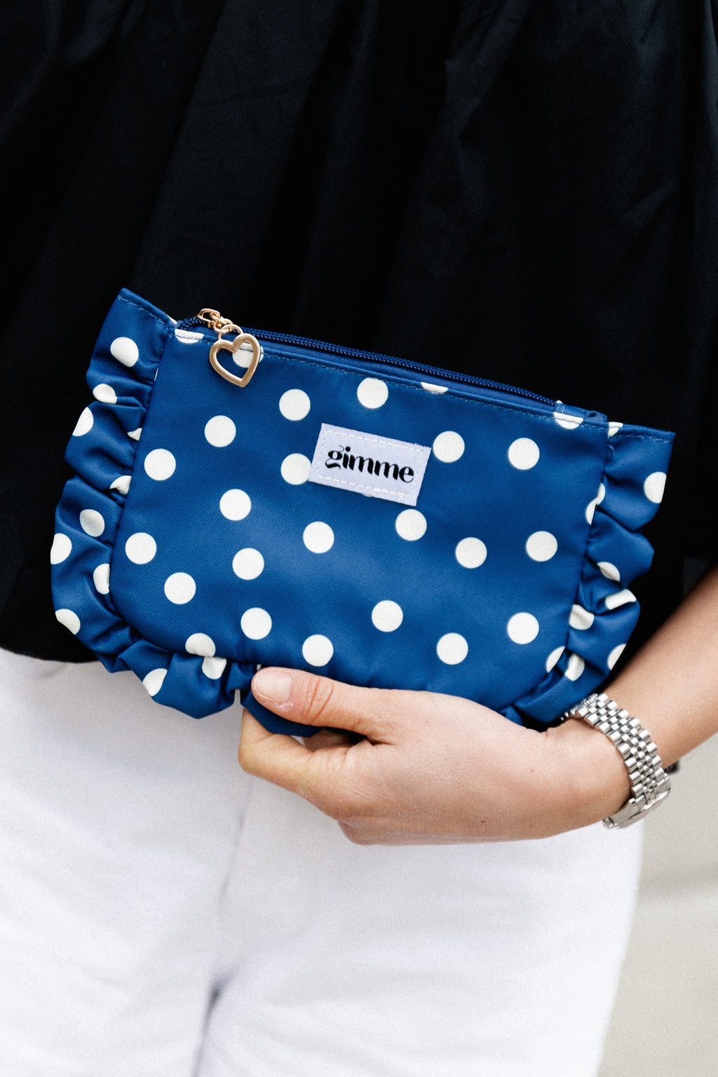 Ruffled make-up bag - navy/ecru polkadots