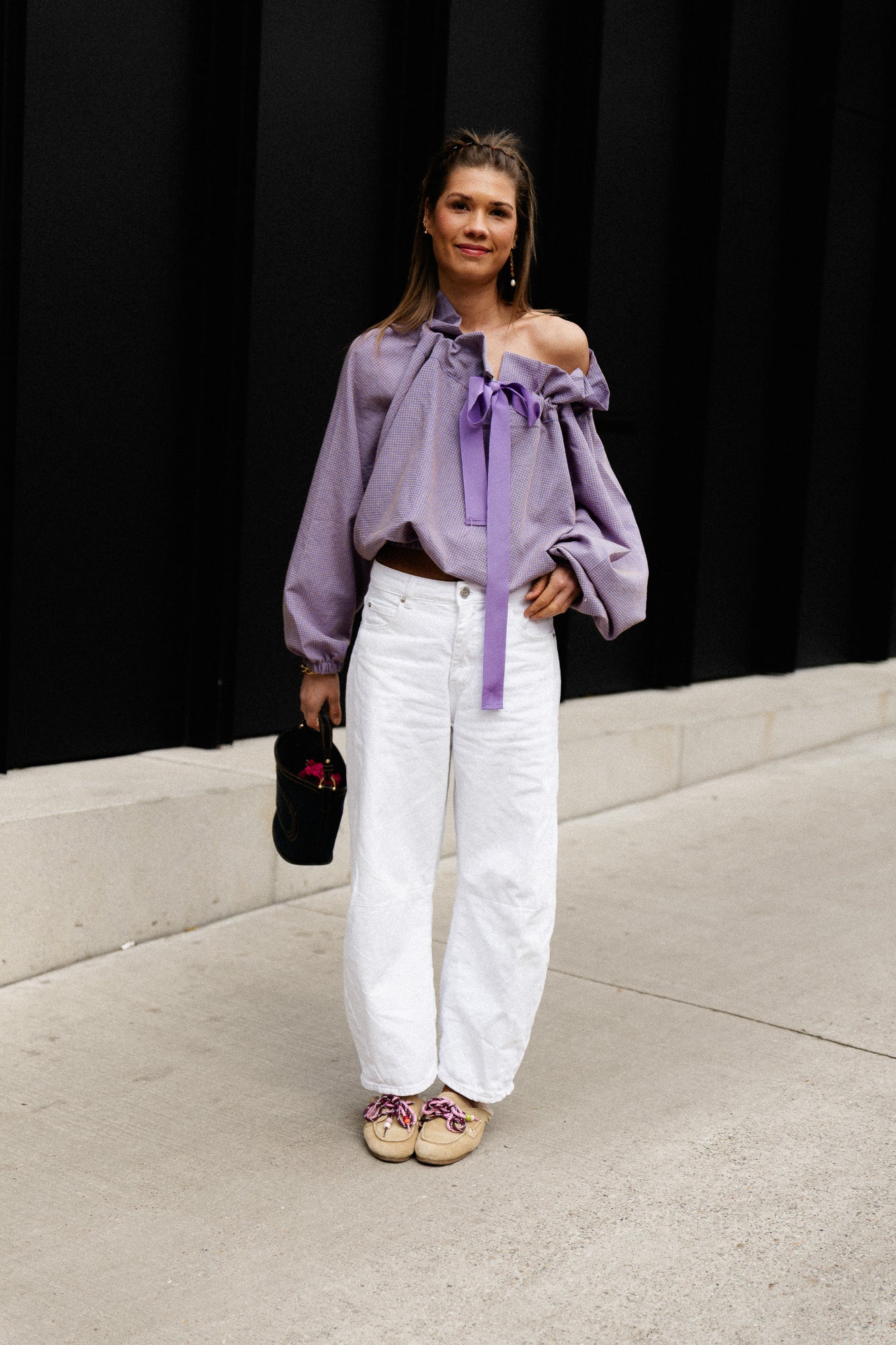 Isaline checked off shoulder blouse mauve