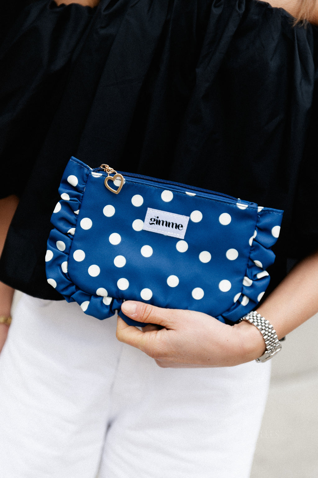 Ruffled make-up bag - navy/ecru polkadots