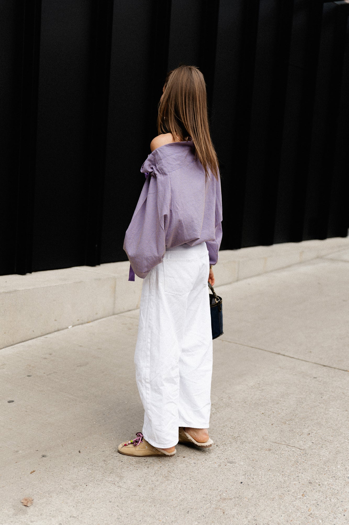 Isaline checked off shoulder blouse mauve