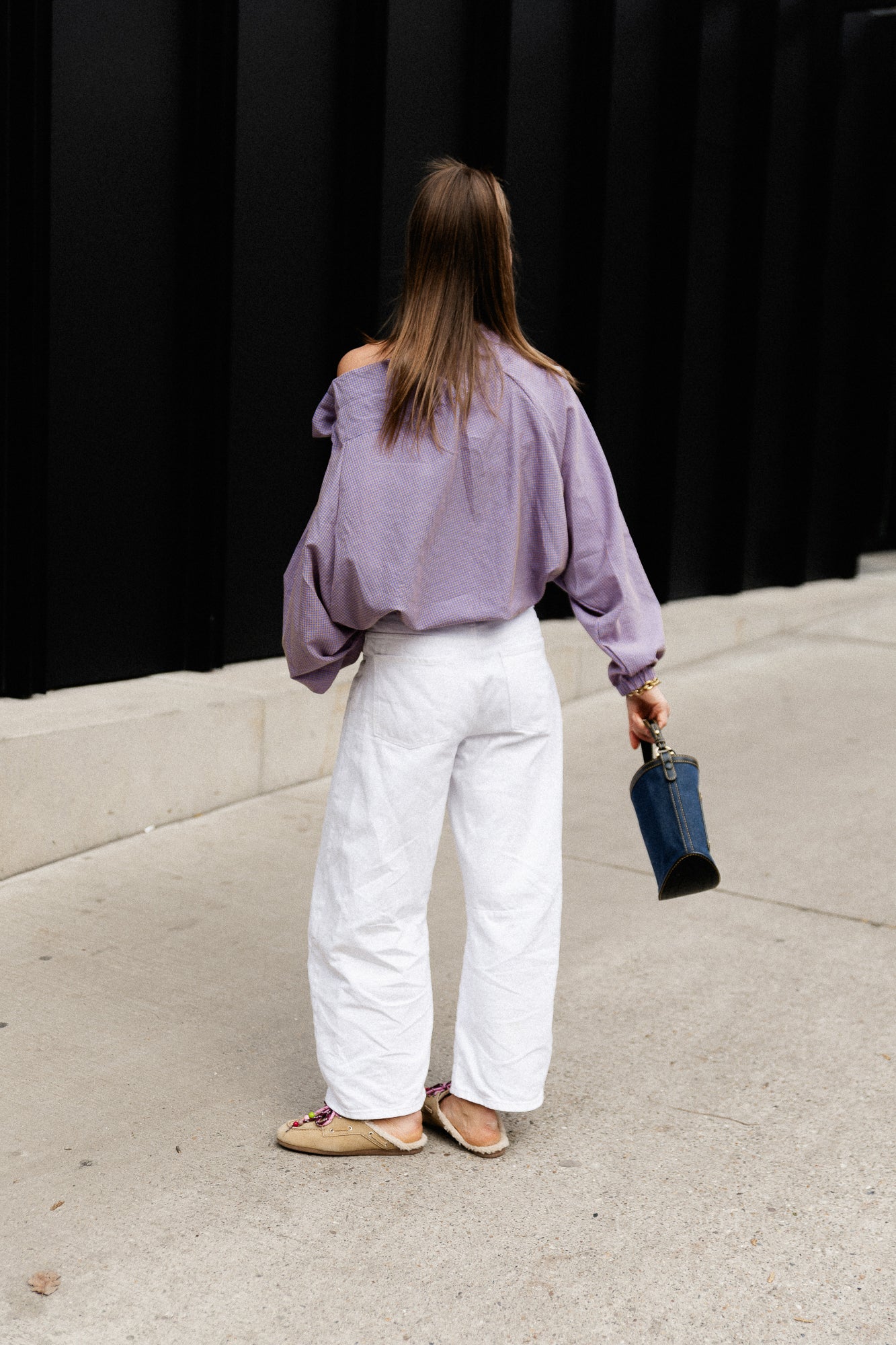 Isaline checked off shoulder blouse mauve