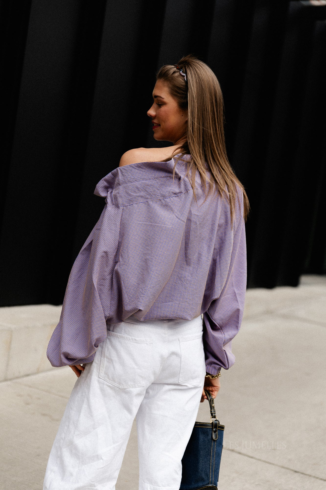 Isaline checked off shoulder blouse mauve