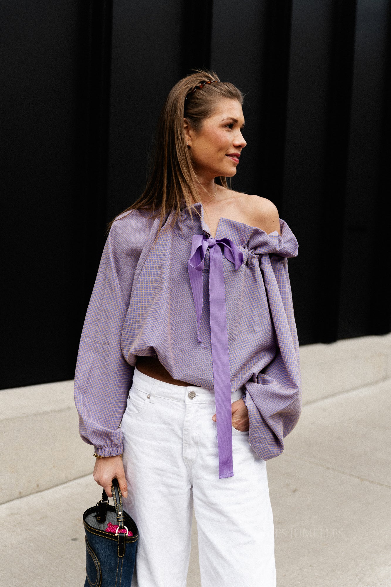 Isaline checked off shoulder blouse mauve