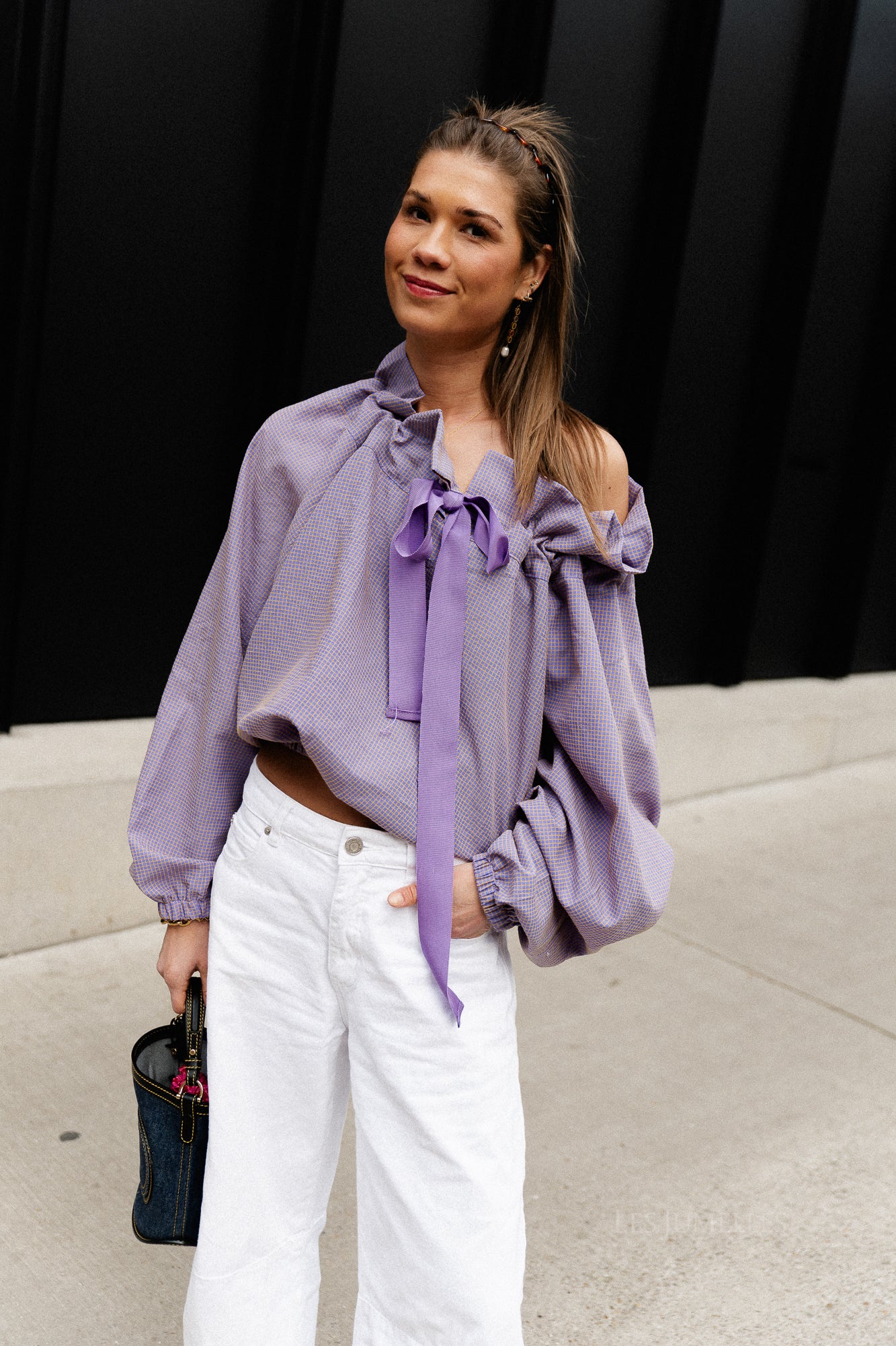 Isaline checked off shoulder blouse mauve