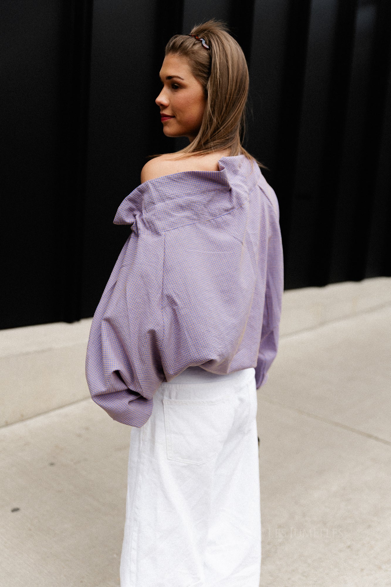 Isaline checked off shoulder blouse mauve