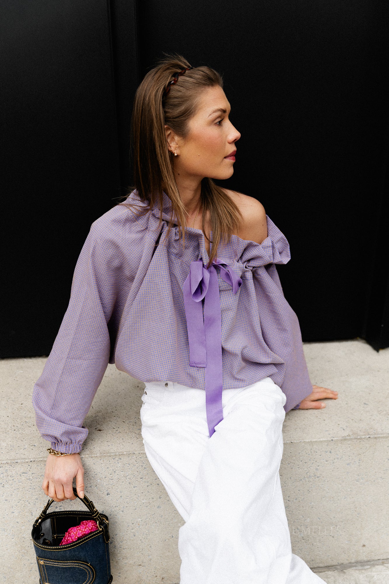 Isaline checked off shoulder blouse mauve