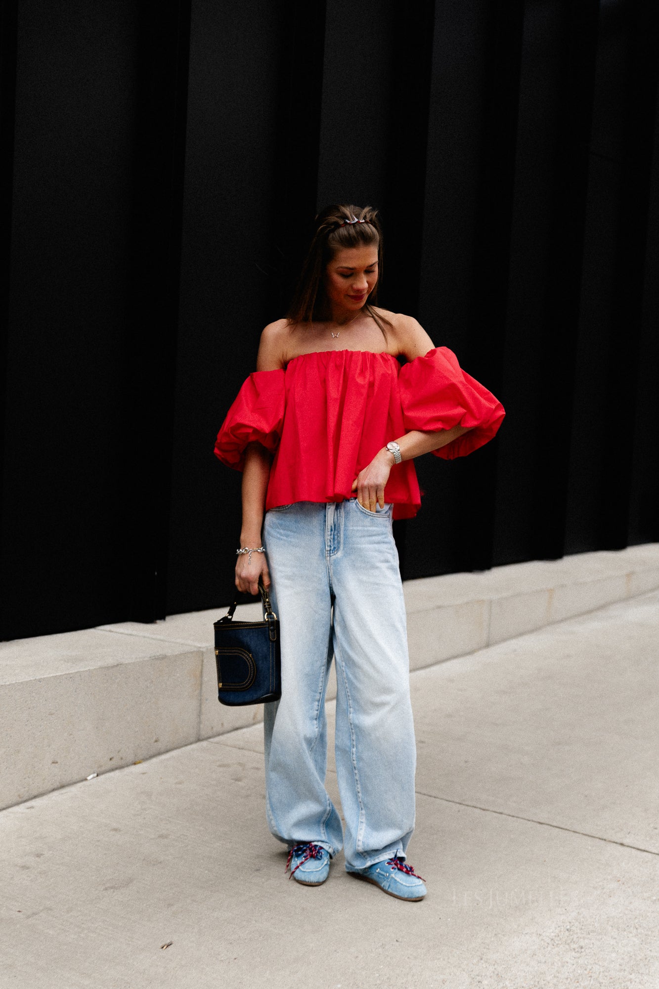 Fran off shoulder cropped blouse red