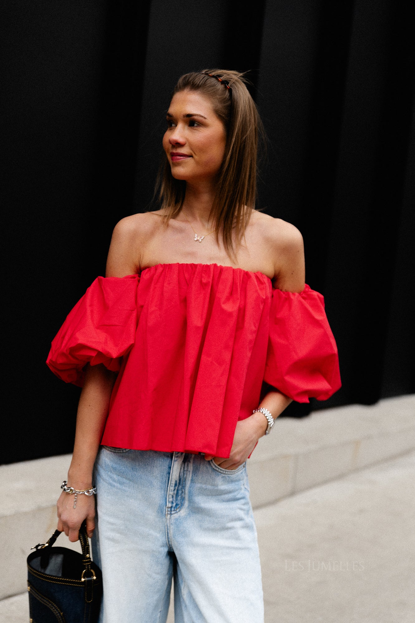 Fran off shoulder cropped blouse red