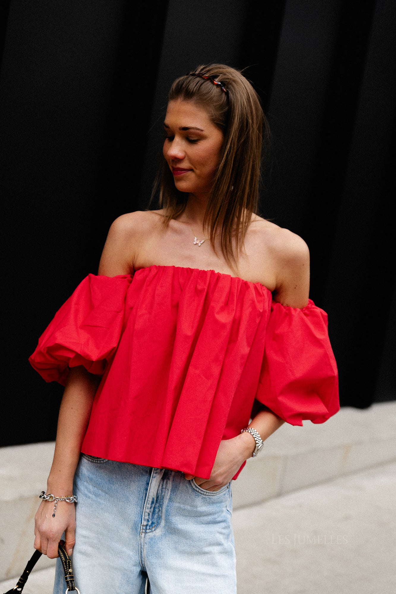 Fran off shoulder cropped blouse red