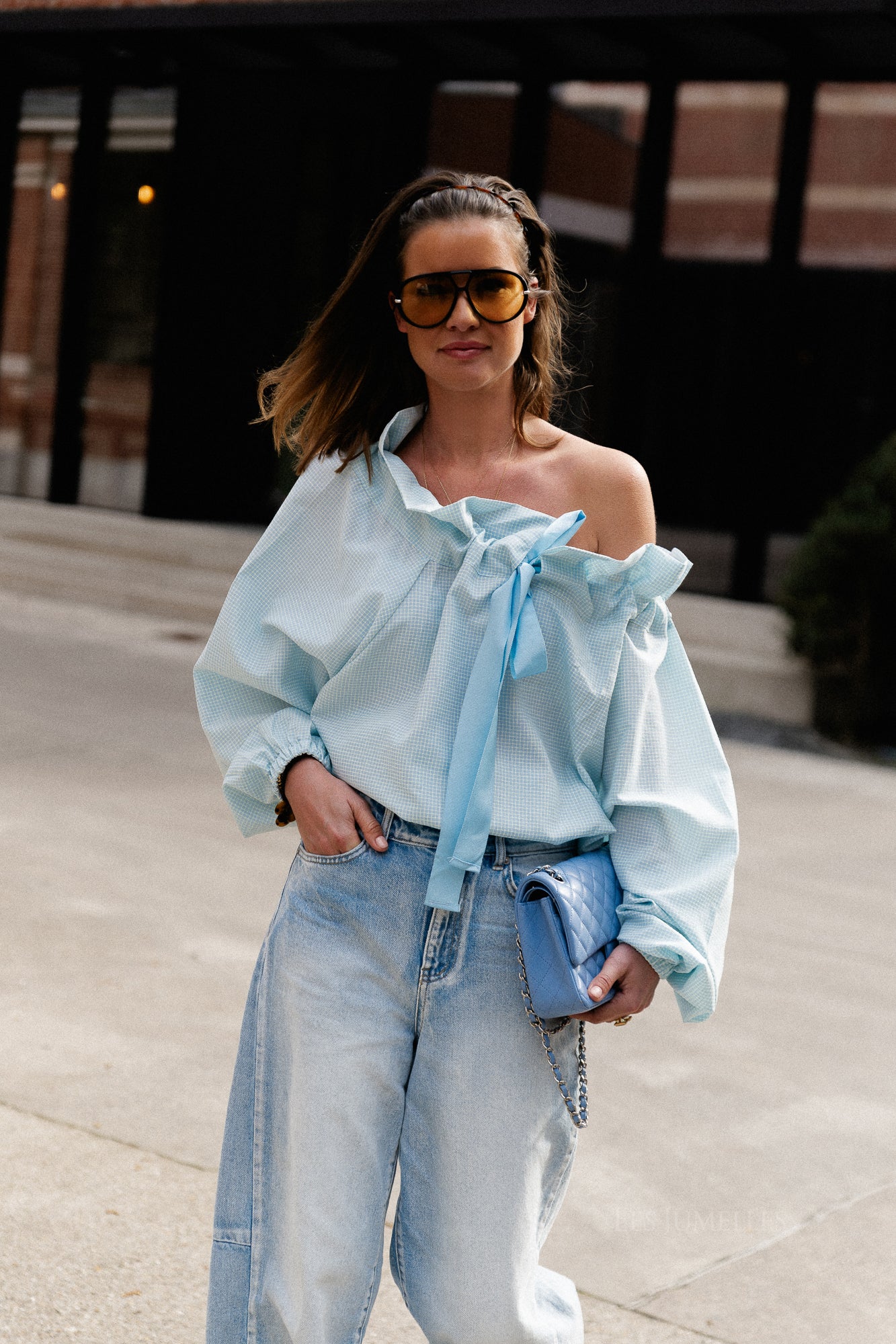 Isaline checked off shoulder blouse light blue
