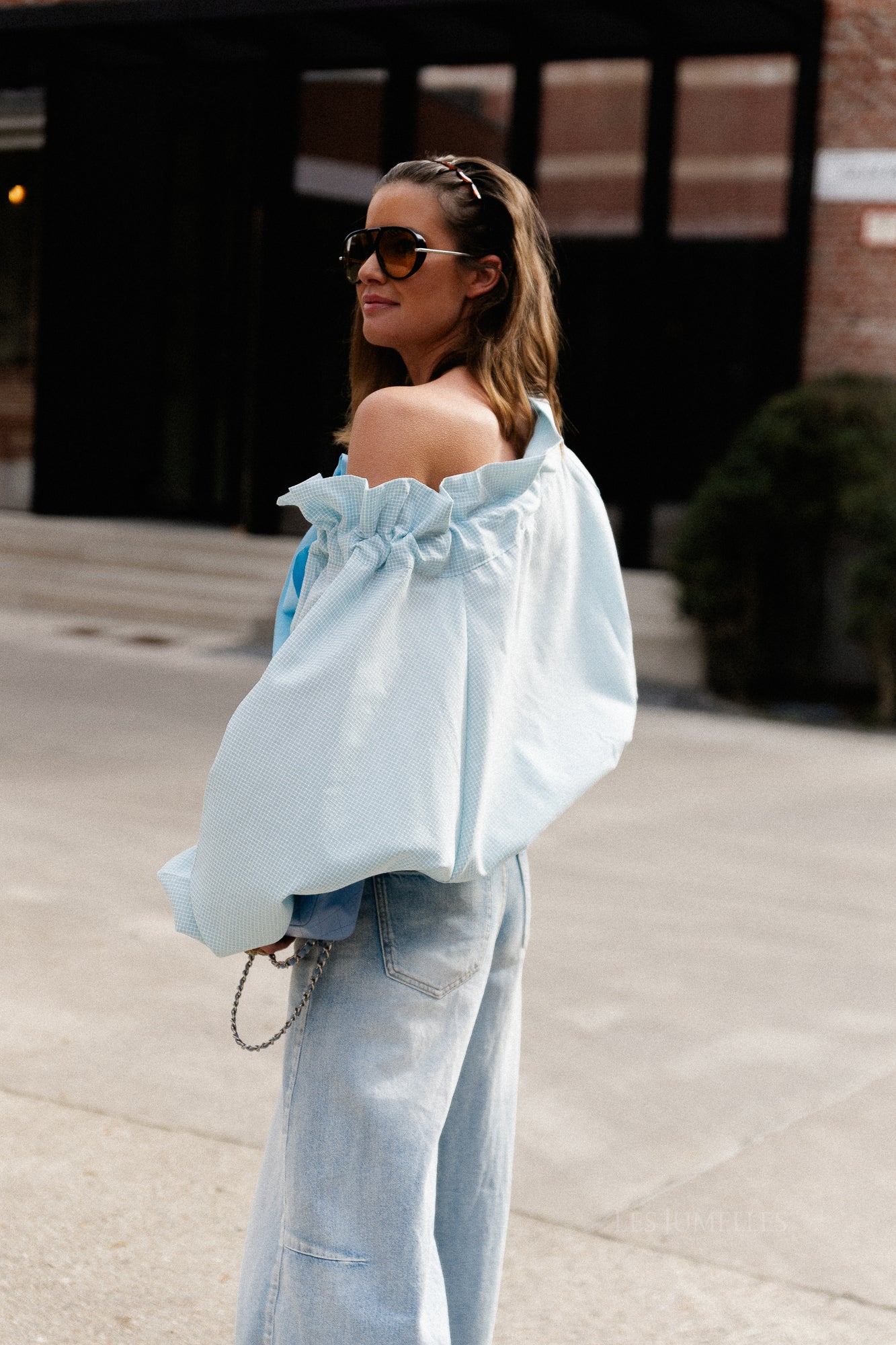Isaline checked off shoulder blouse light blue