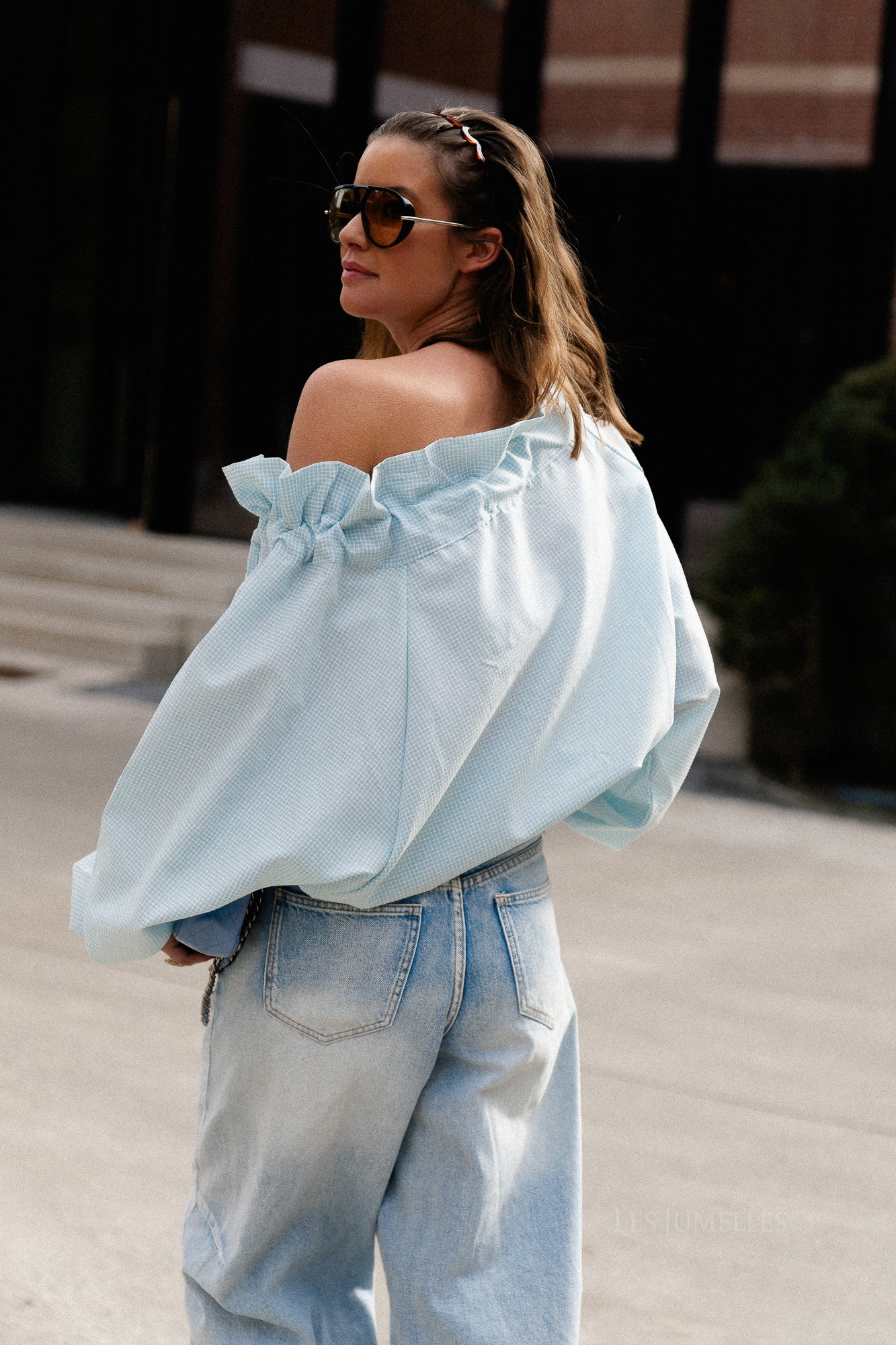Isaline checked off shoulder blouse light blue