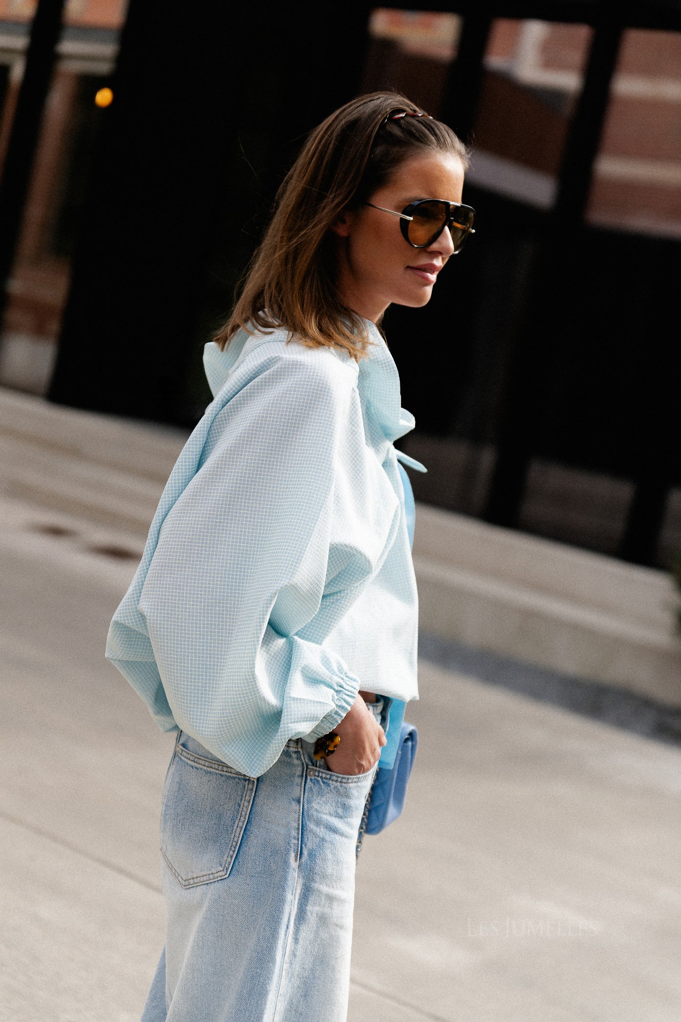 Isaline checked off shoulder blouse light blue
