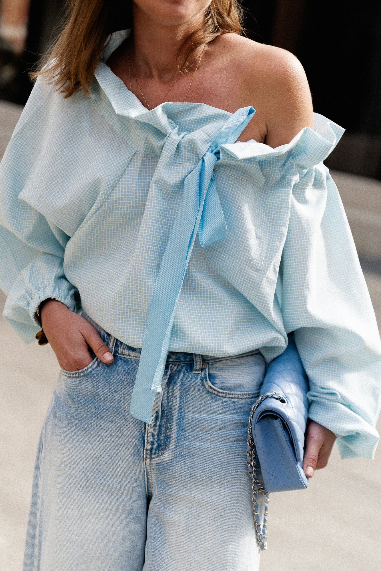 Isaline checked off shoulder blouse light blue