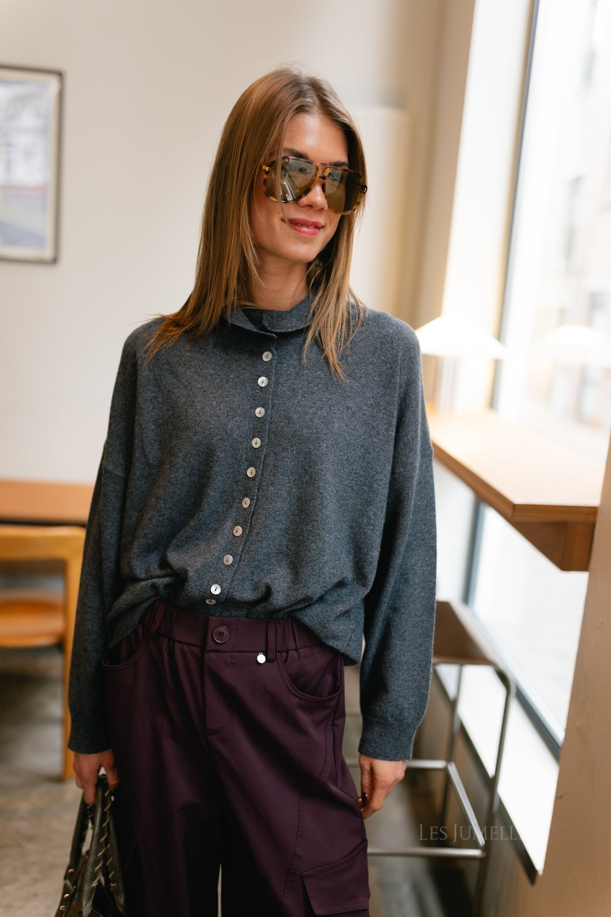 Zoey LS wool blend knitted cardigan dark grey melange