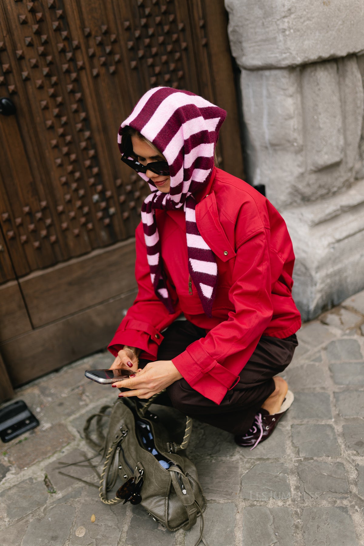 Coralie striped triangle scarf burgundy/candy pink