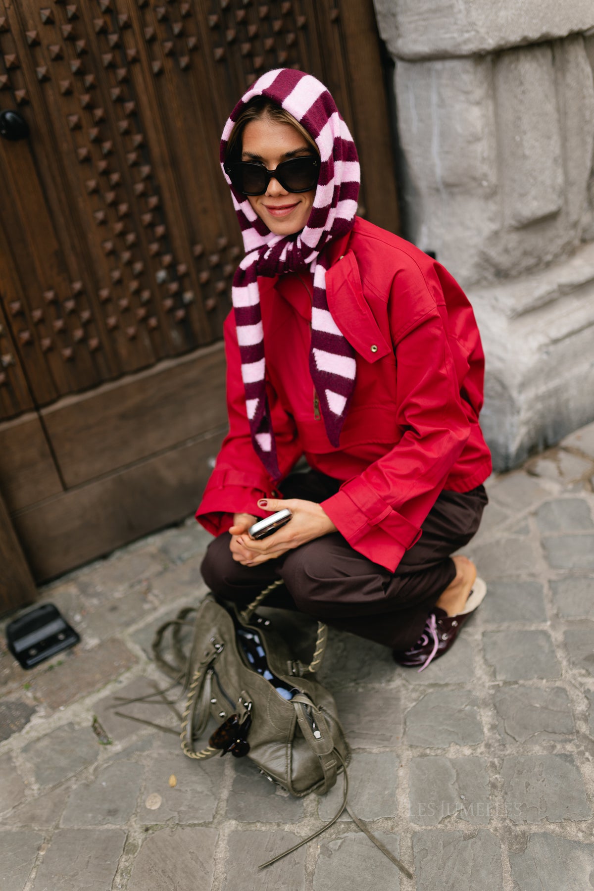 Coralie striped triangle scarf burgundy/candy pink