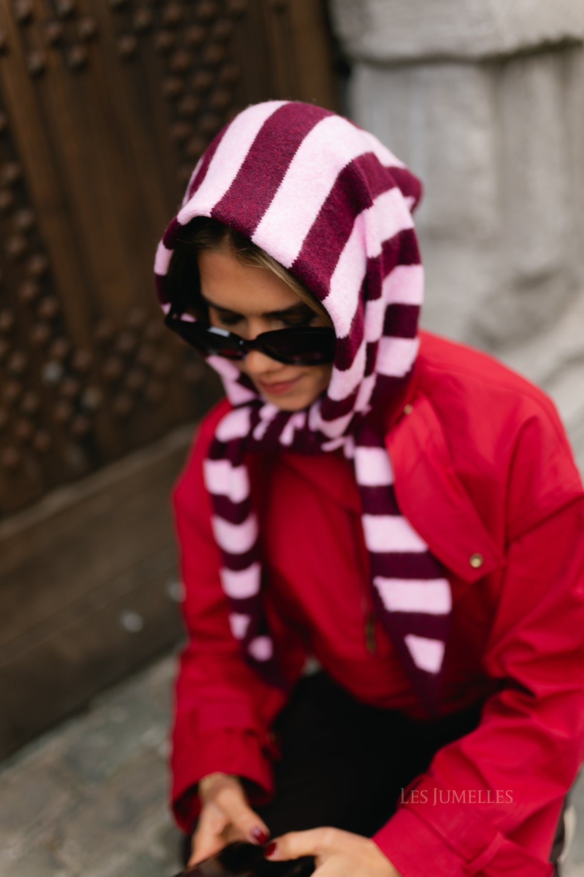 Coralie striped triangle scarf burgundy/candy pink