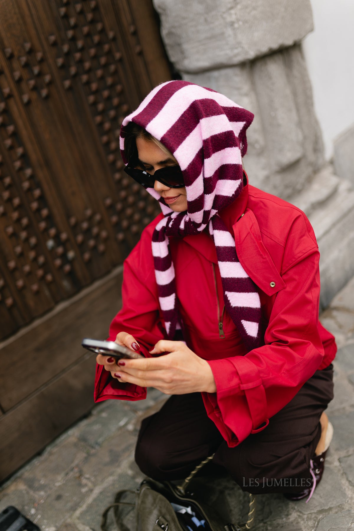 Coralie striped triangle scarf burgundy/candy pink