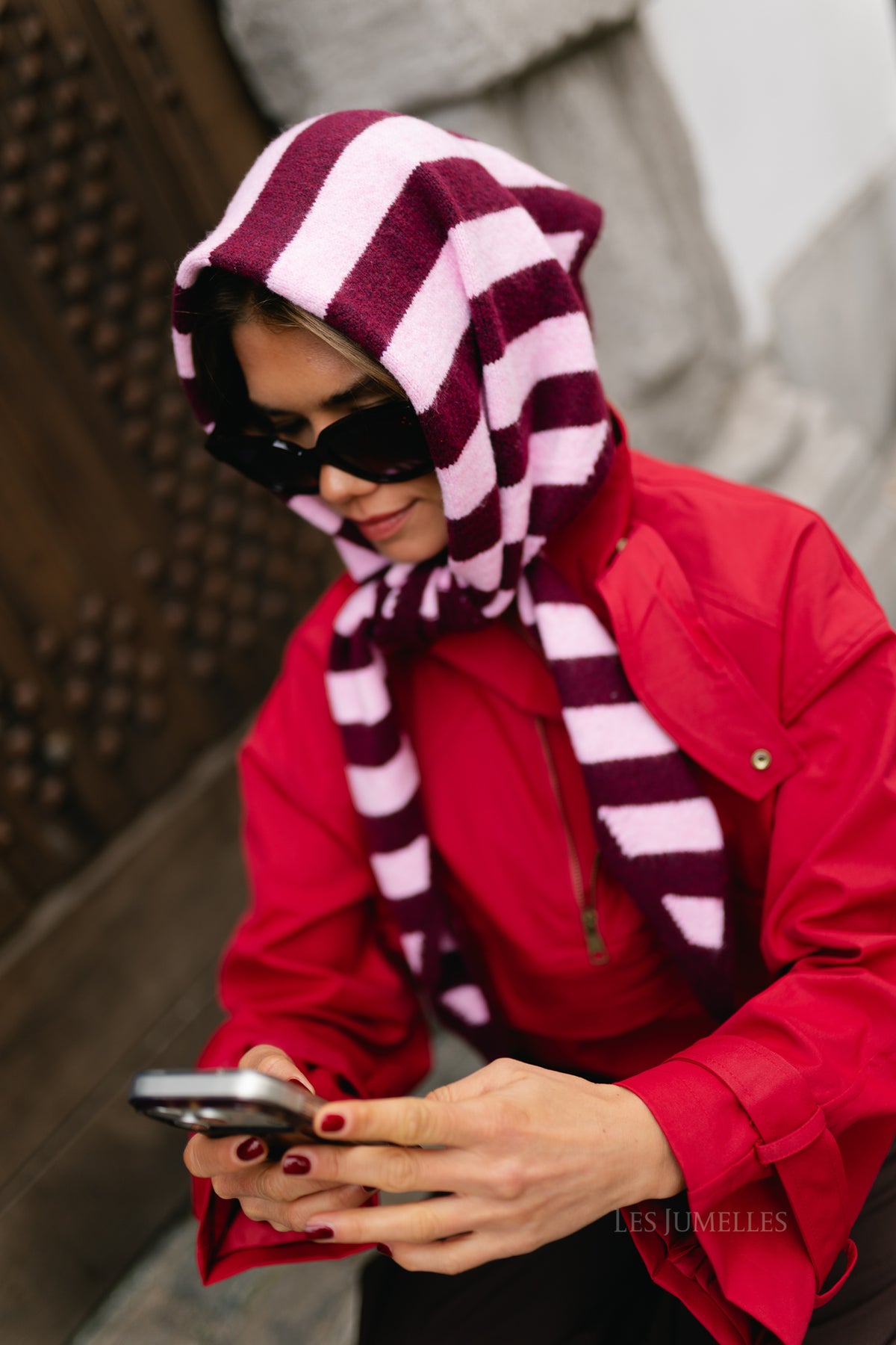 Coralie striped triangle scarf burgundy/candy pink