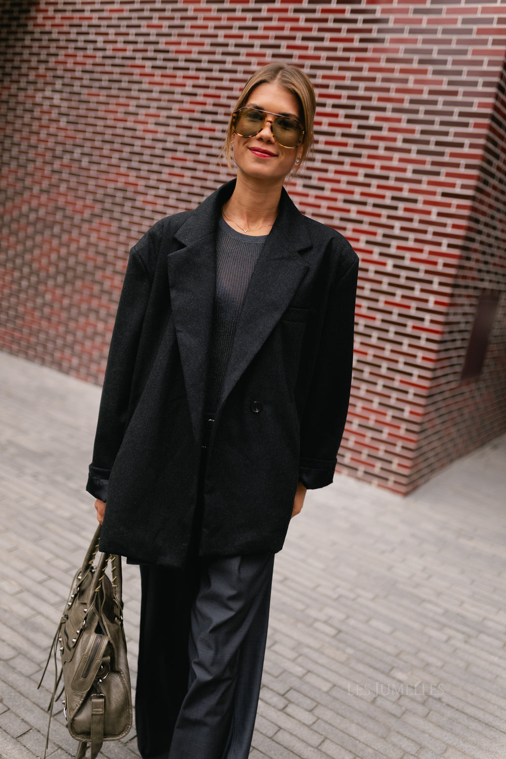 Simone LS oversized blazer black melange