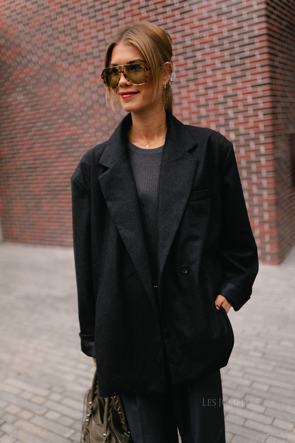 Simone LS oversized blazer black melange
