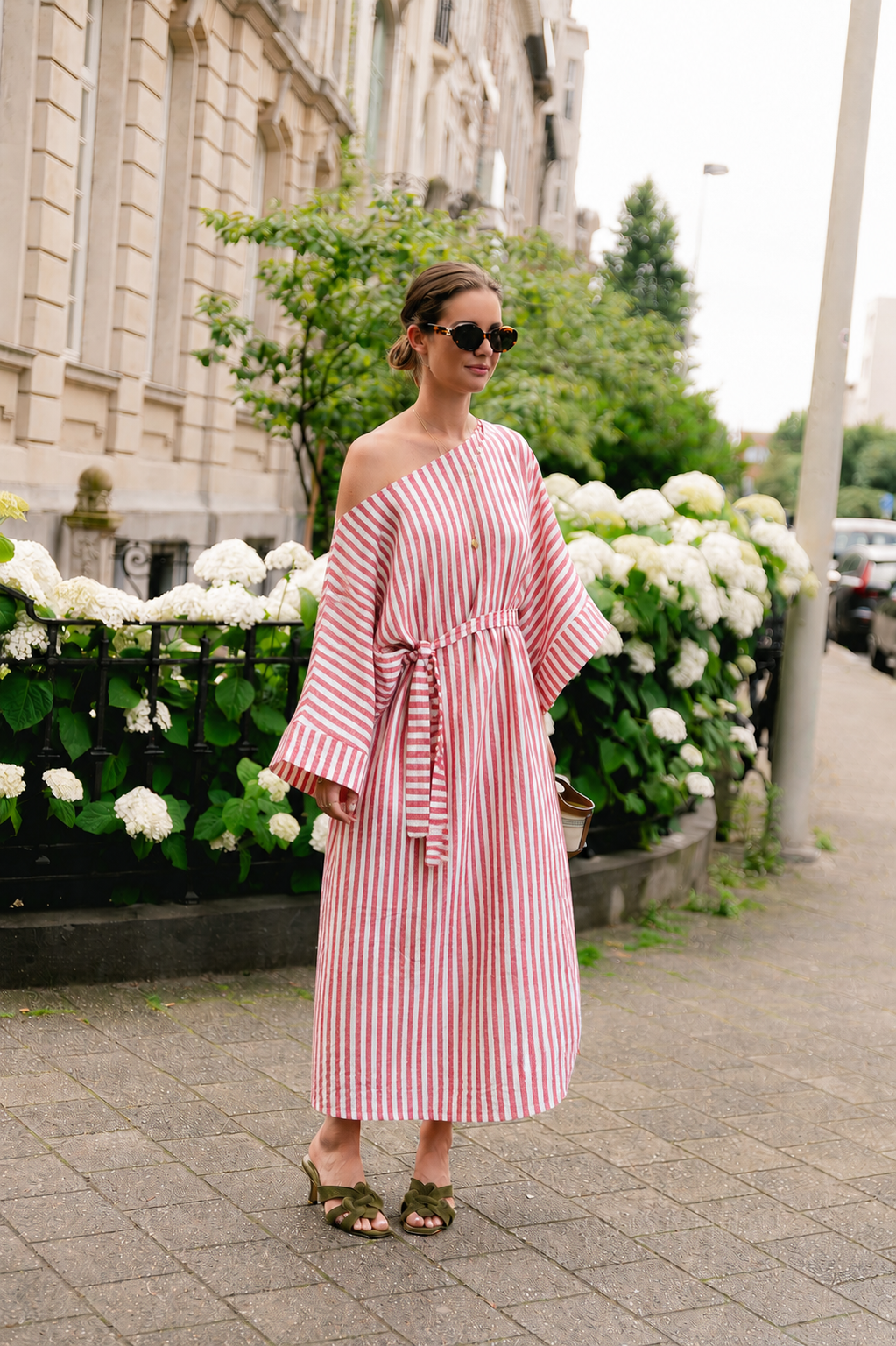 Maelys striped off-shoulder dress ecru/red