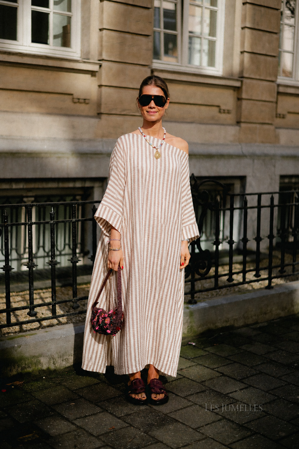 Maelys striped off-shoulder dress ecru/tannin