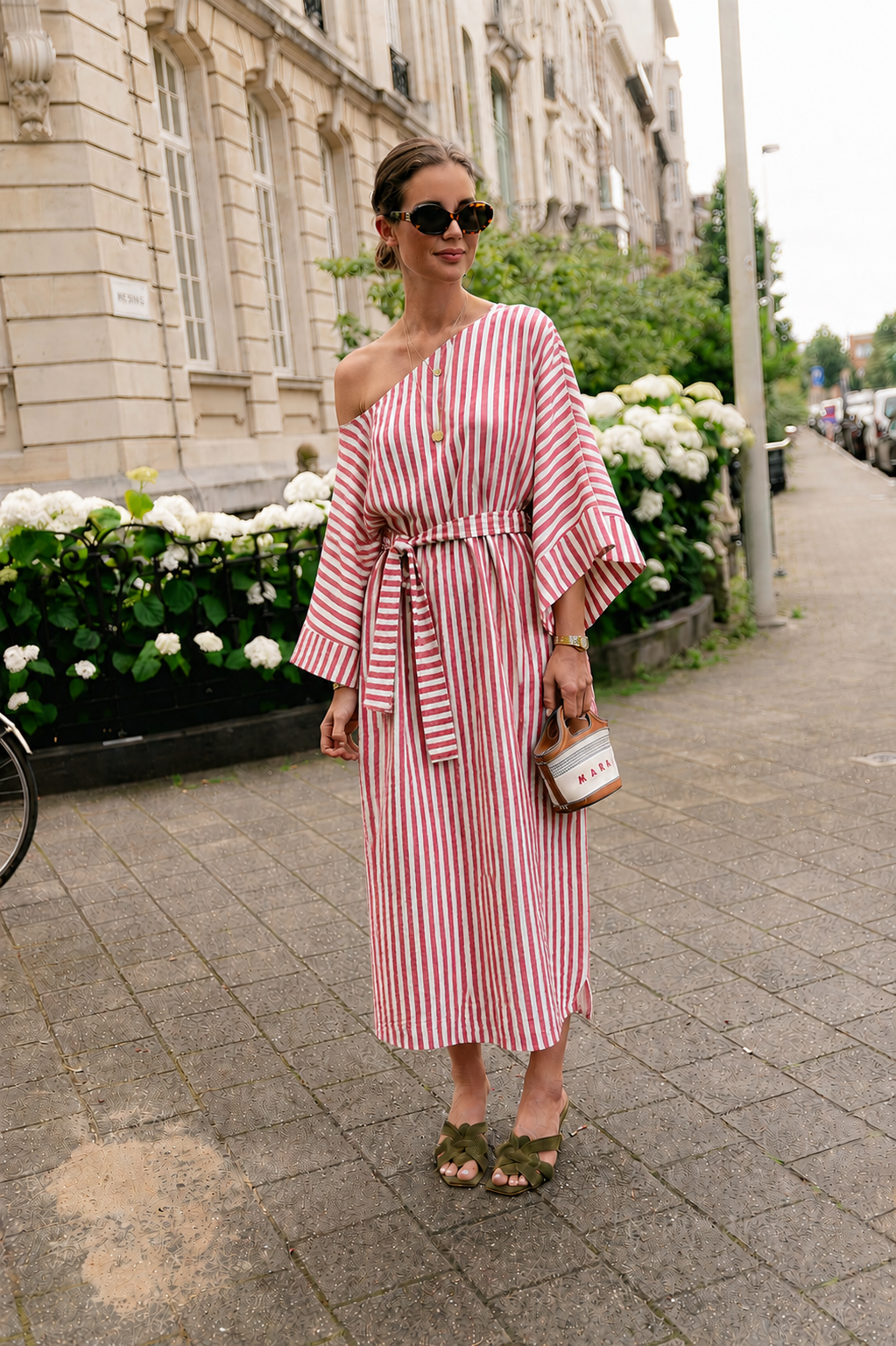 Maelys striped off-shoulder dress ecru/red