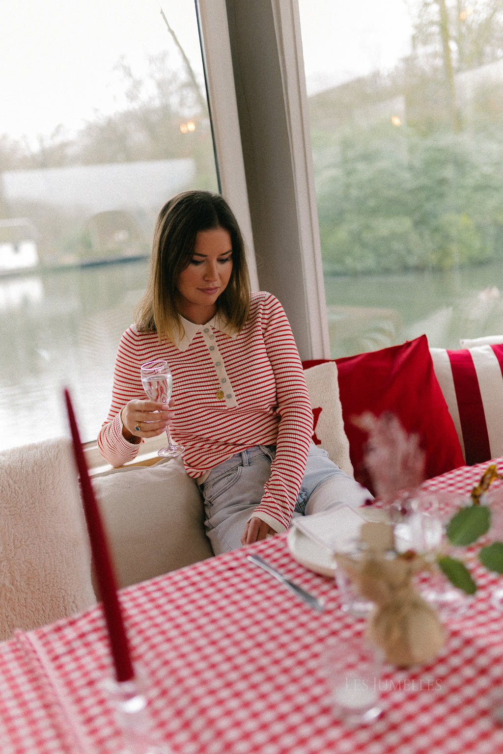 OBJKelly LS polo knit pullover birch/poinsettia