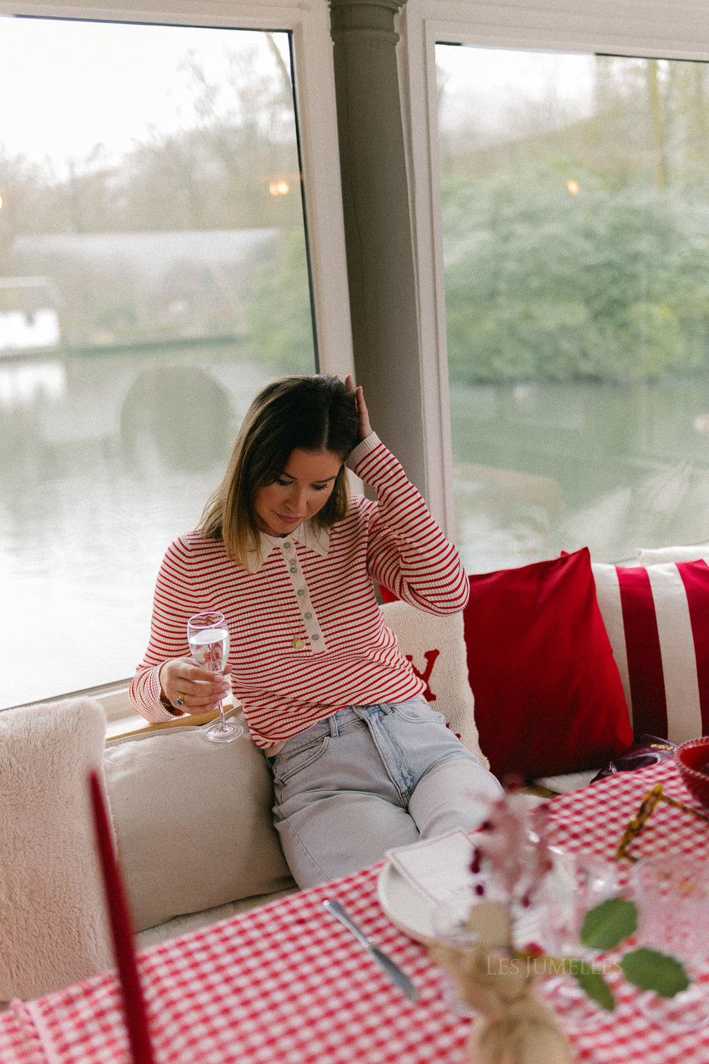 OBJKelly LS polo knit pullover birch/poinsettia