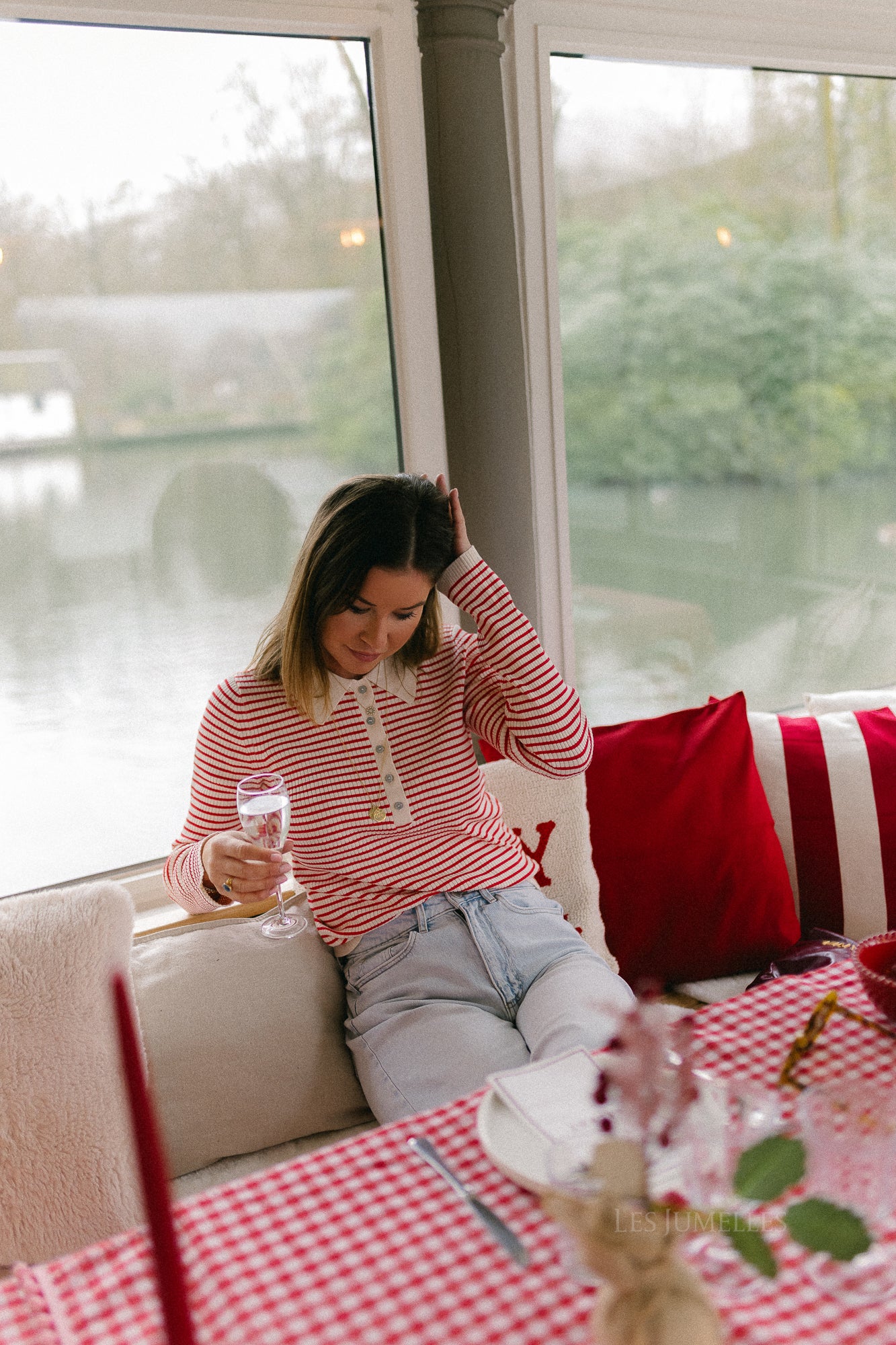 OBJKelly LS polo knit pullover birch/poinsettia