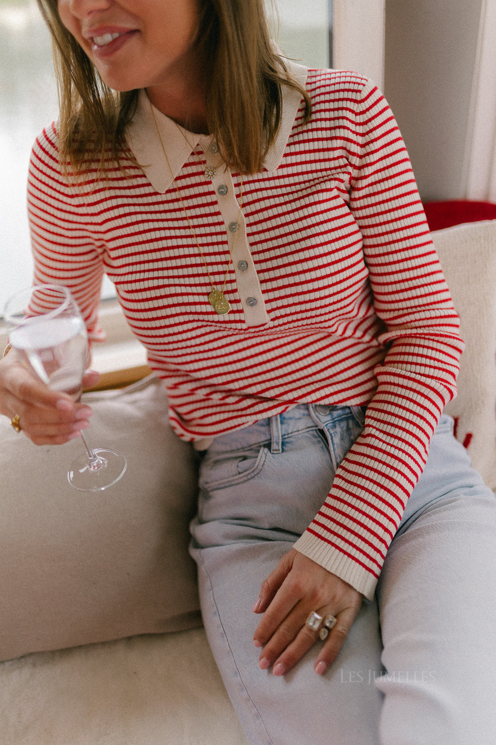 OBJKelly LS polo knit pullover birch/poinsettia