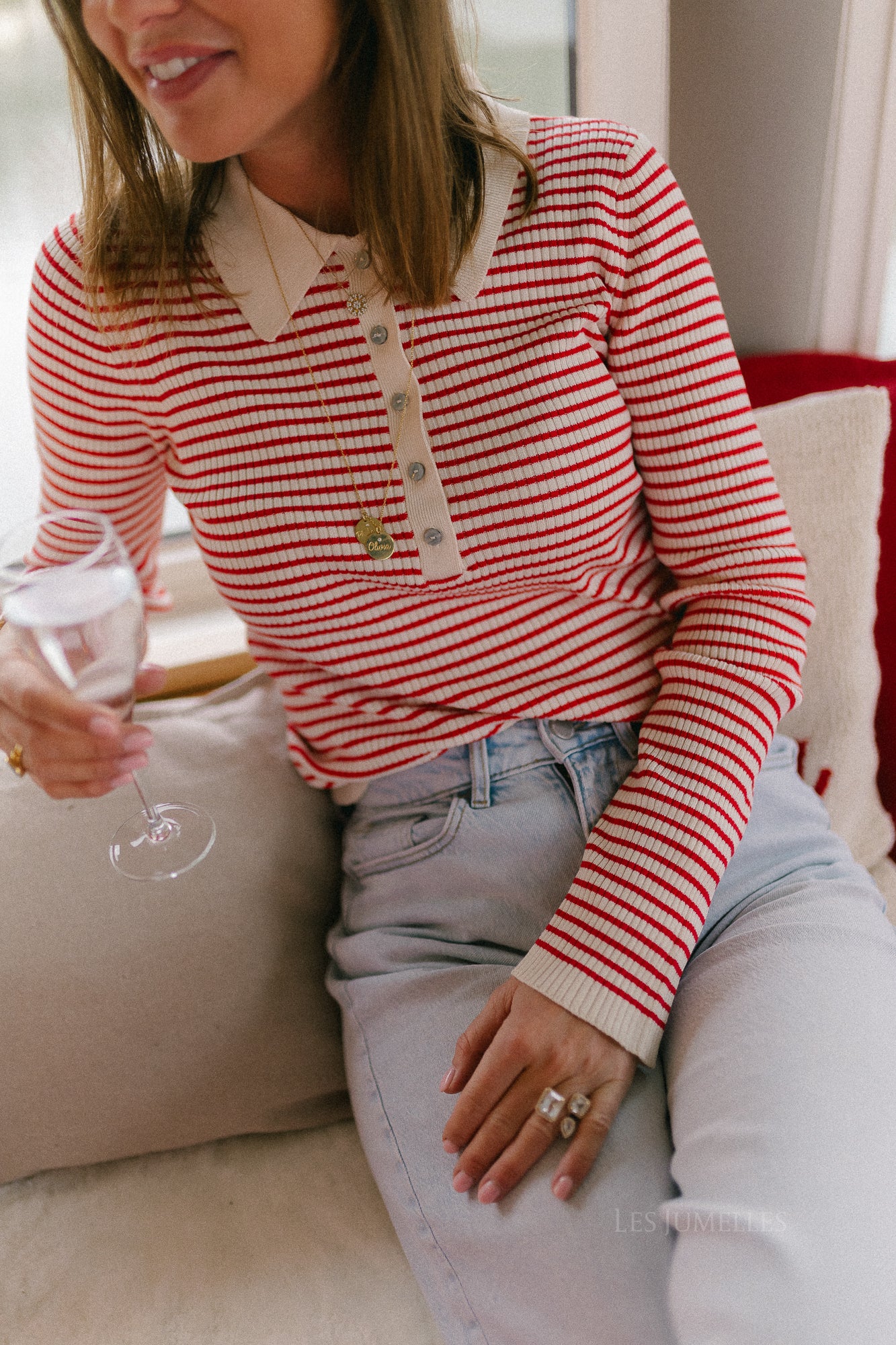 OBJKelly LS polo knit pullover birch/poinsettia