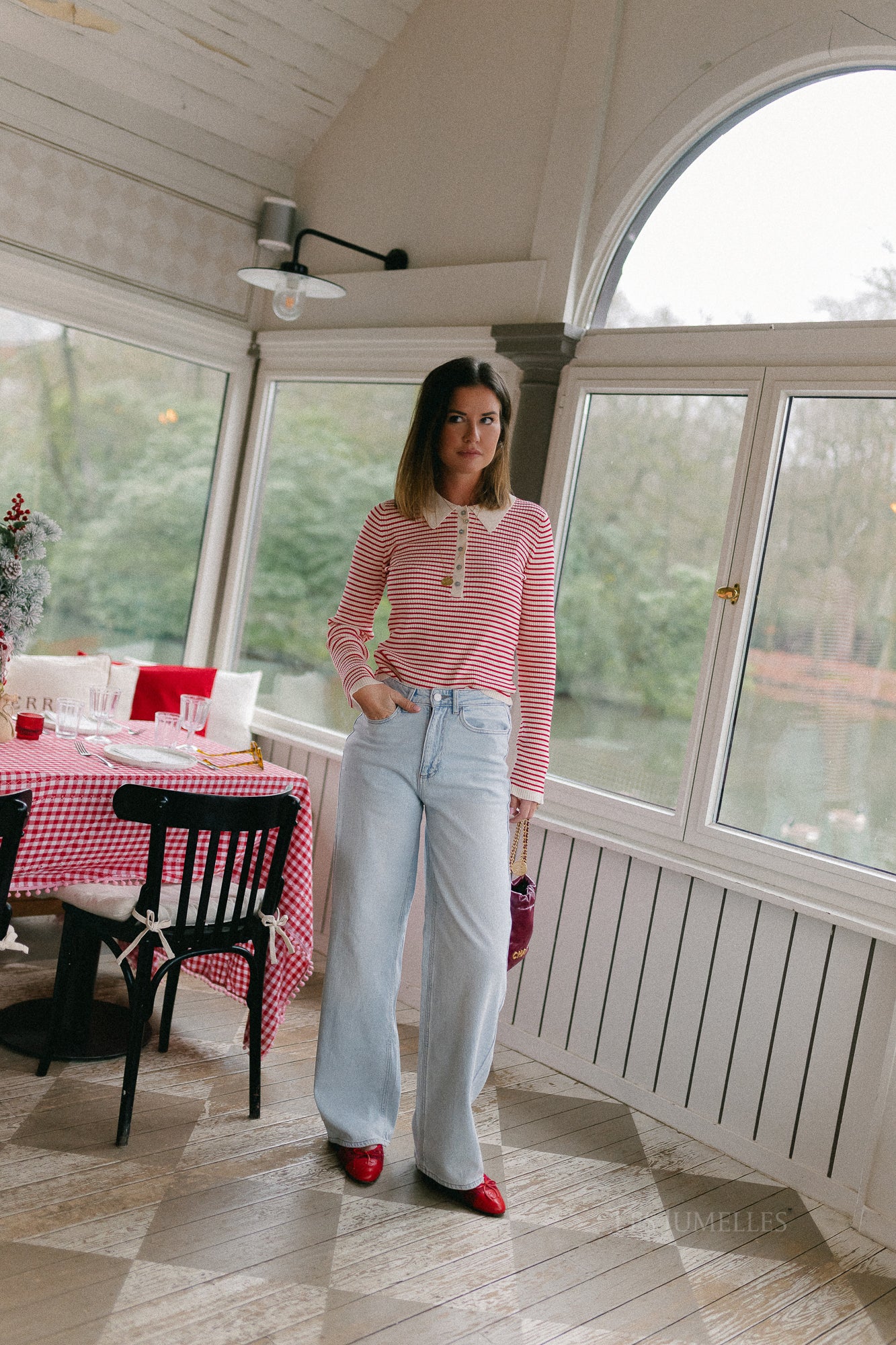 OBJKelly LS polo knit pullover birch/poinsettia