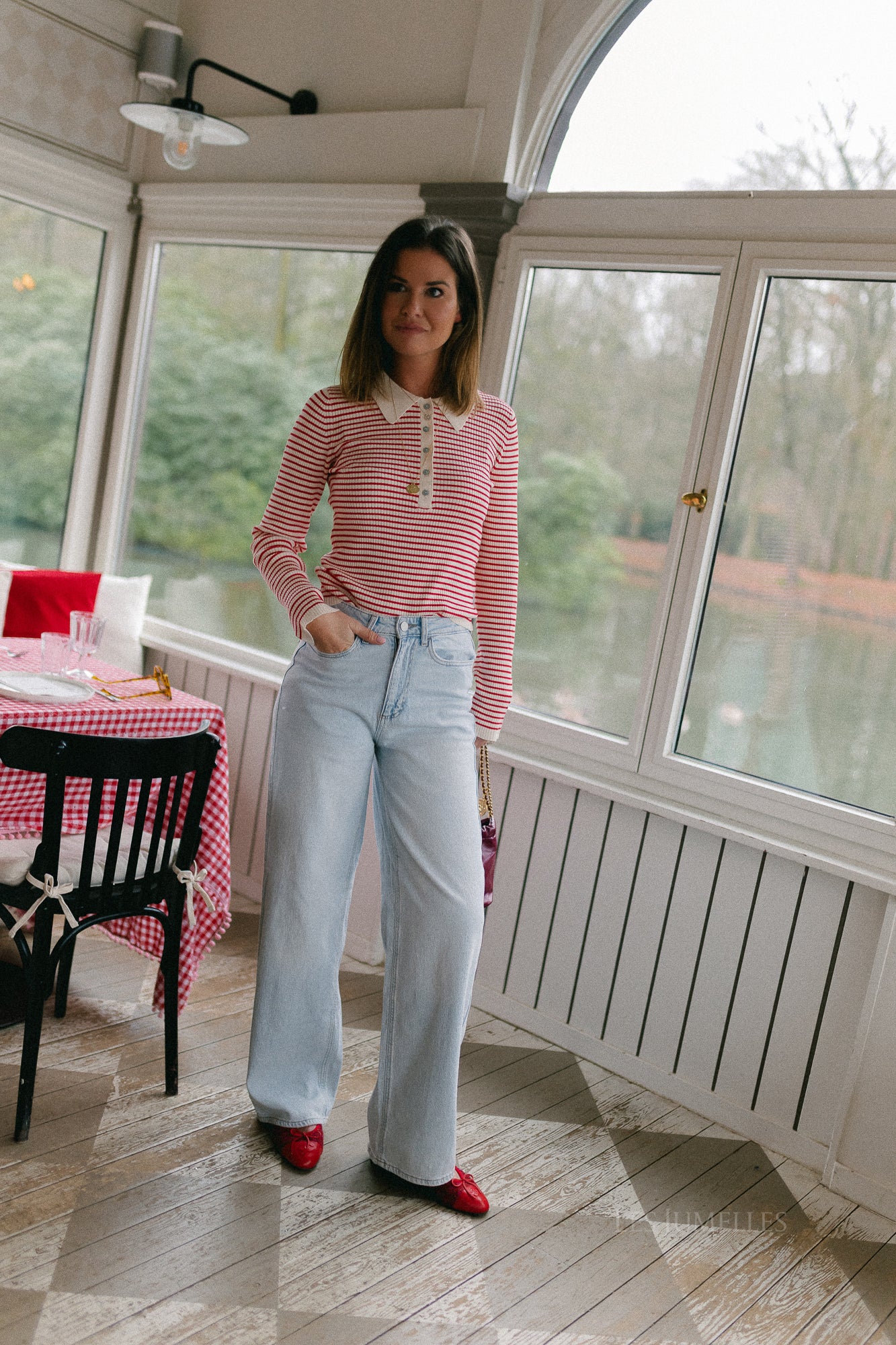 OBJKelly LS polo knit pullover birch/poinsettia