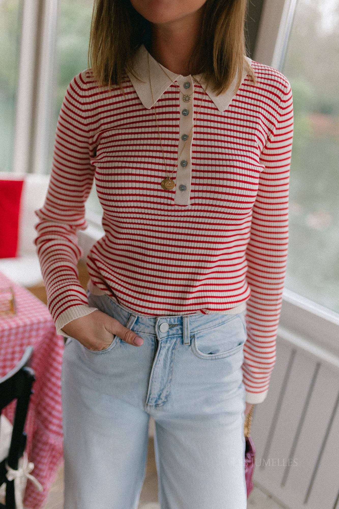 OBJKelly LS polo knit pullover birch/poinsettia