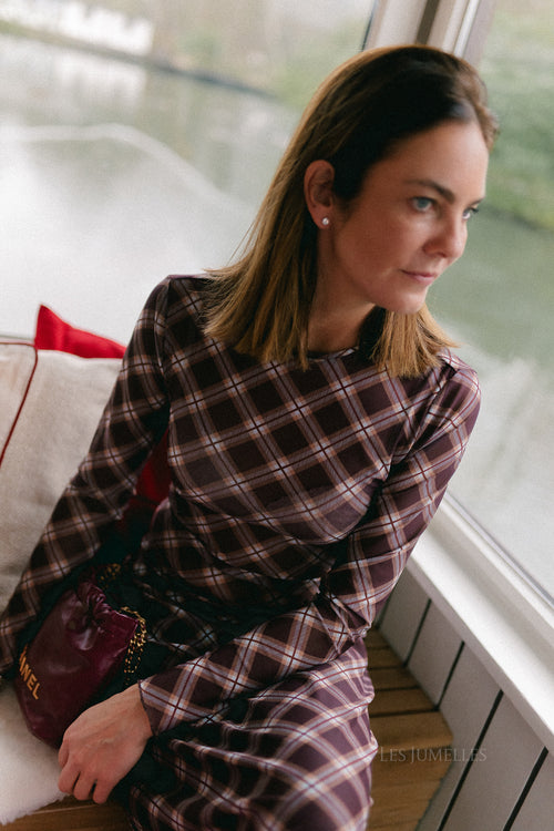 VINinna LS geruite mesh top coffea bean/lichtblauw