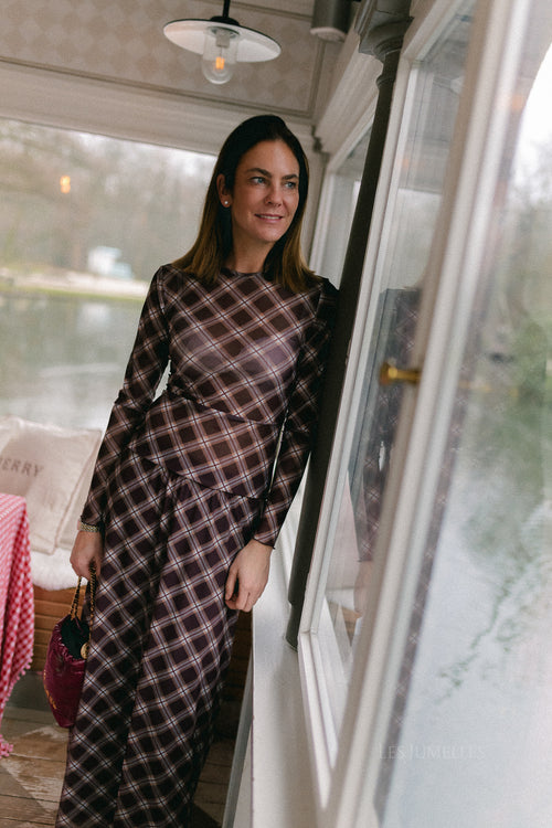 VINinna LS geruite mesh top coffea bean/lichtblauw