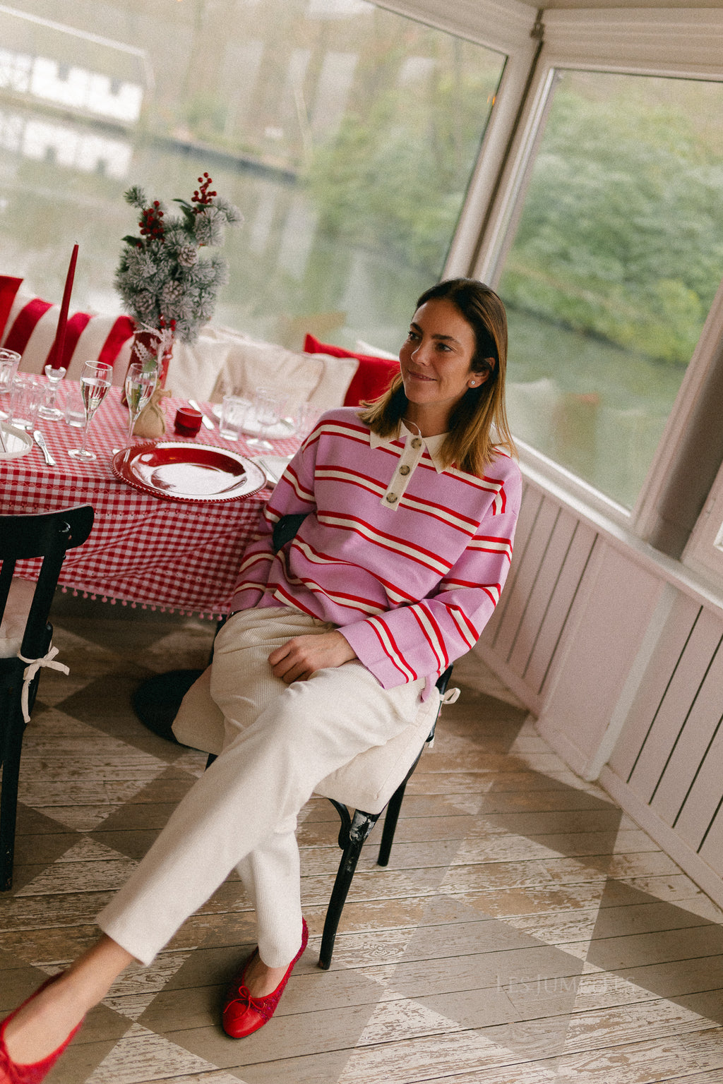 YASIsabell LS polo knit pullover pirouette/stripes