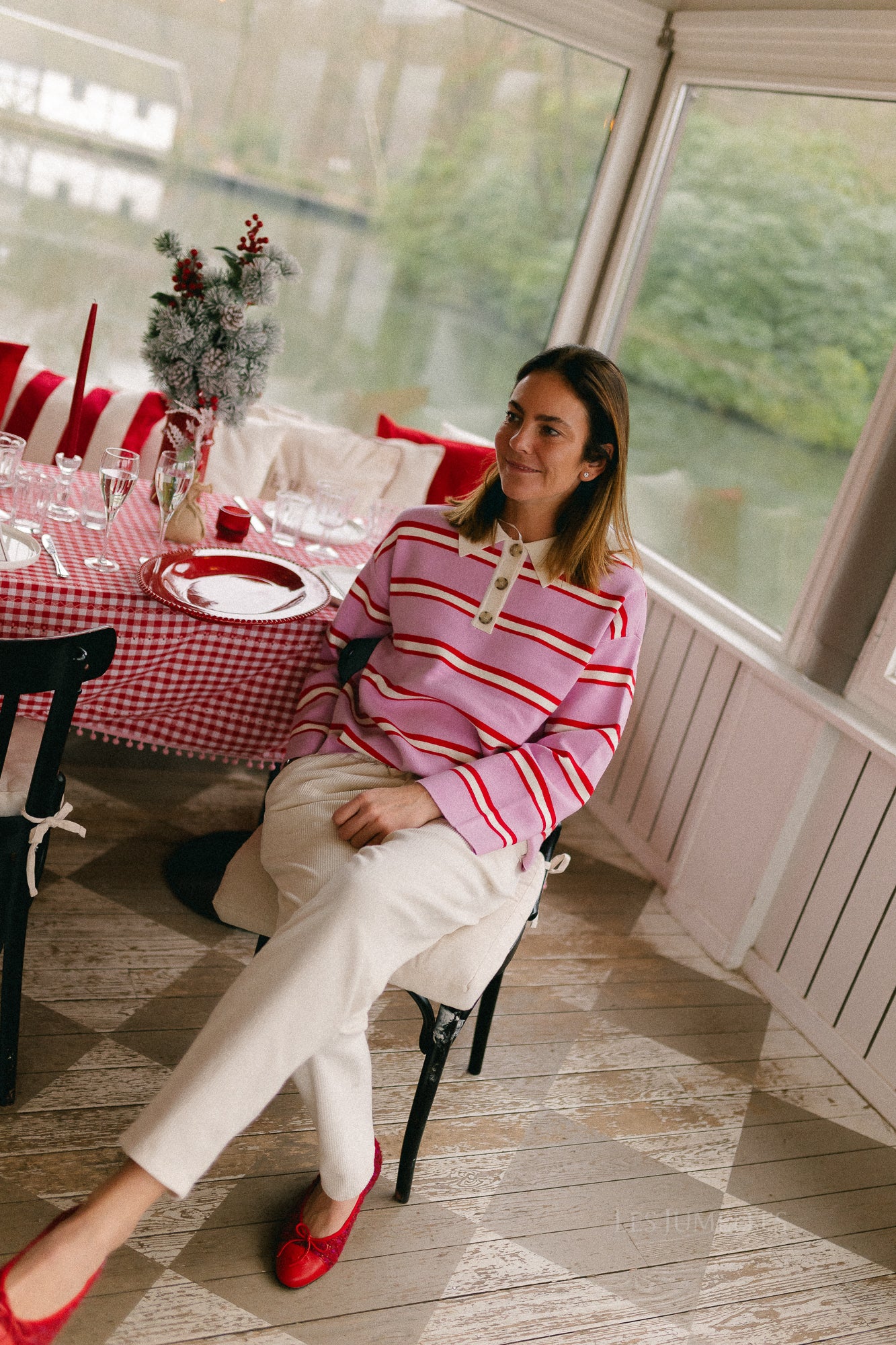 YASIsabell LS polo knit pullover pirouette/stripes