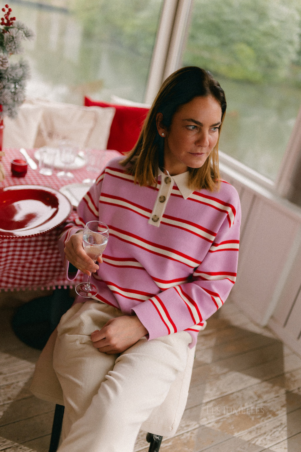 YASIsabell LS polo knit pullover pirouette/stripes